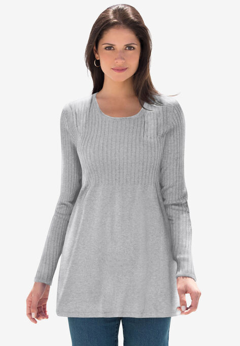 Ribbed Baby Doll Tunic Sweater, MEDIUM HEATHER GREY, hi-res image number null