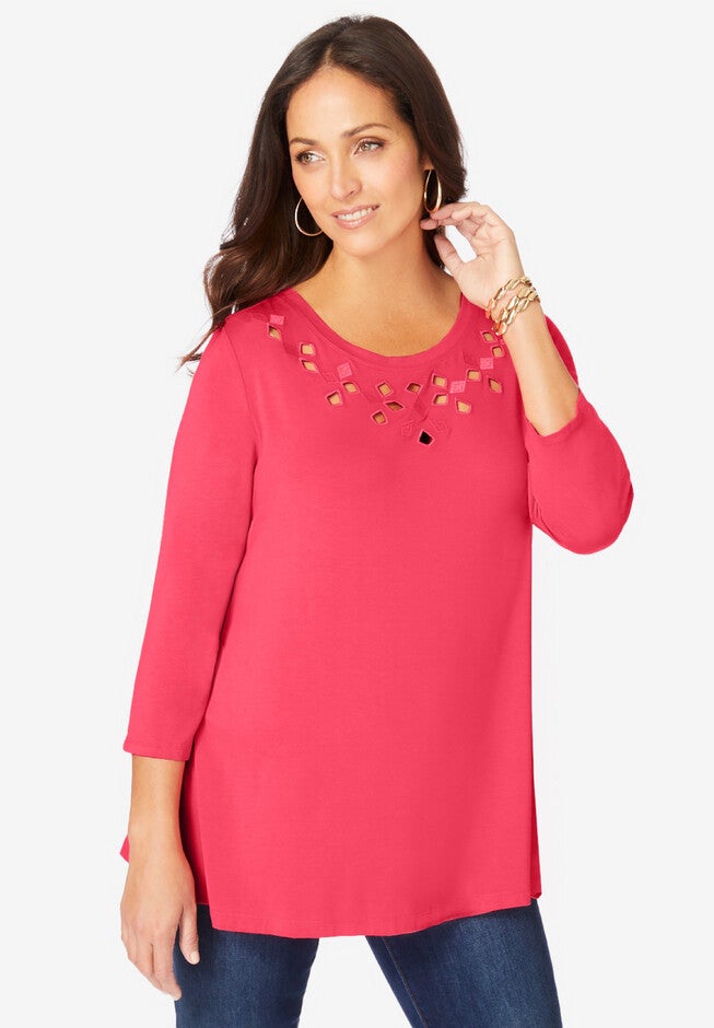 Stretch Knit Eyelet Swing Tunic, VIBRANT WATERMELON DIAMOND EYELET, hi-res image number null