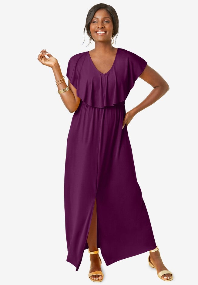 Stretch Knit Ruffle Maxi Dress, DARK BERRY, hi-res image number null