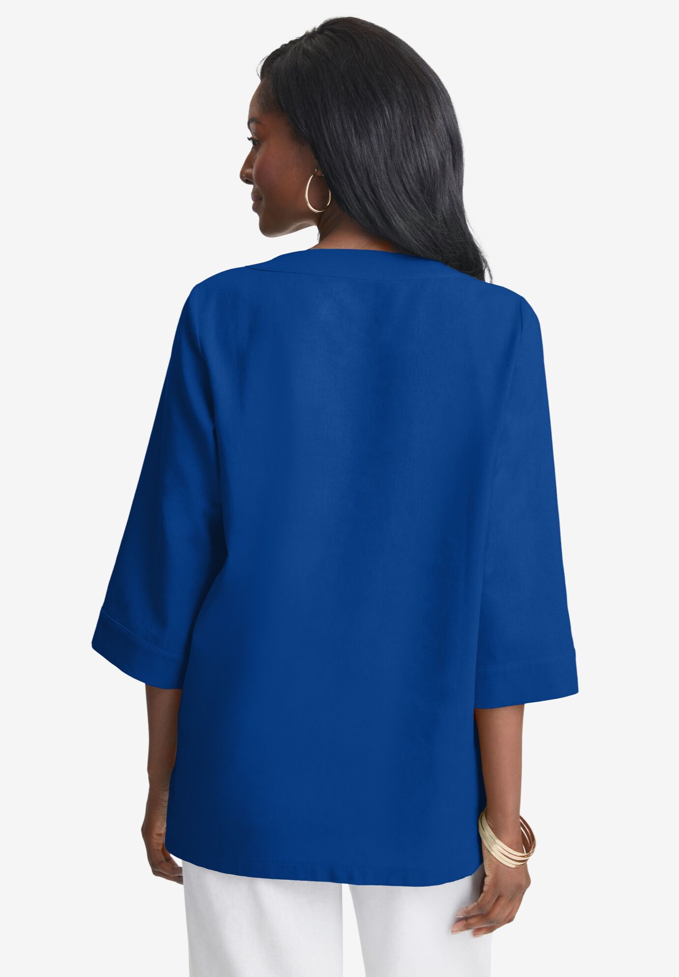 Linen V-Neck Embroidered Tunic, SAPPHIRE LEAF EMBROIDERY, on-hover image number 1