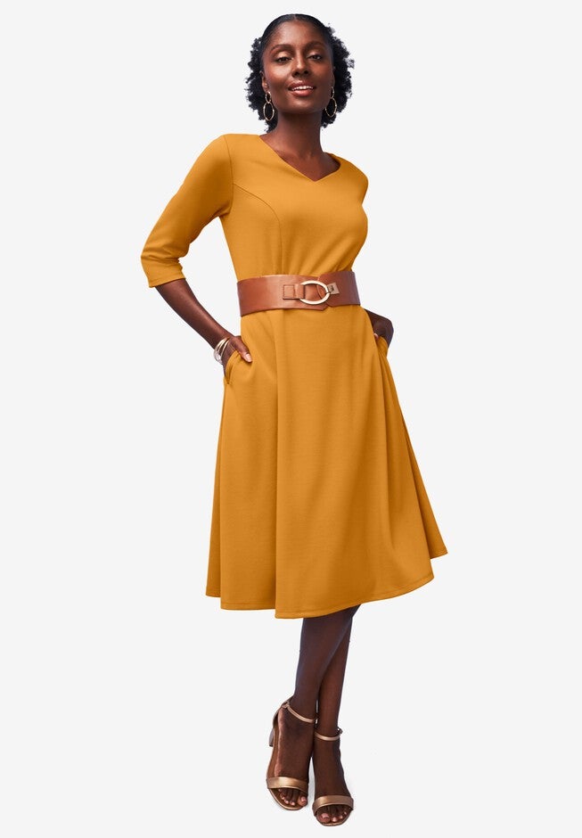 SWEETHEART NECKLINE PONTE DRESS, RICH GOLD, hi-res image number null
