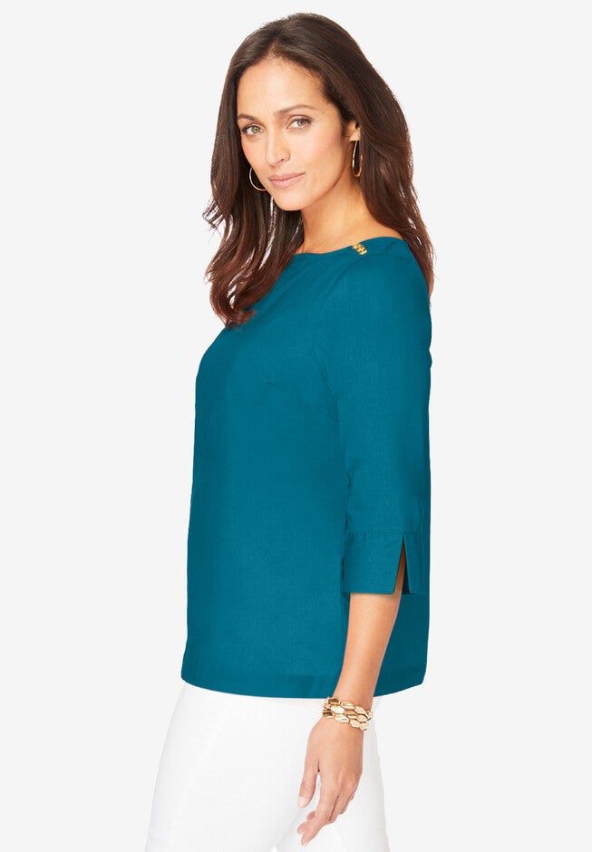 Stretch Poplin Button Boatneck Tunic, , alternate image number null