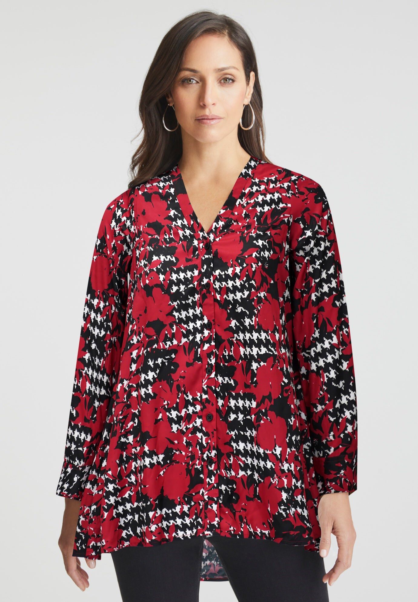 Georgette High Low Tunic, CLASSIC RED FLORAL HOUNDSTOOTH, hi-res image number 0