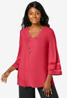 Mesh Inset Sleeve Tunic, VIBRANT WATERMELON, hi-res image number 0