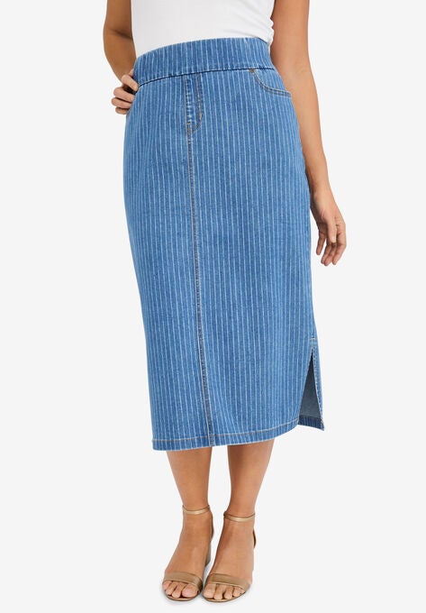 Comfort Waist Midi Skirt, MEDIUM STONEWASH STRIPE, hi-res image number null