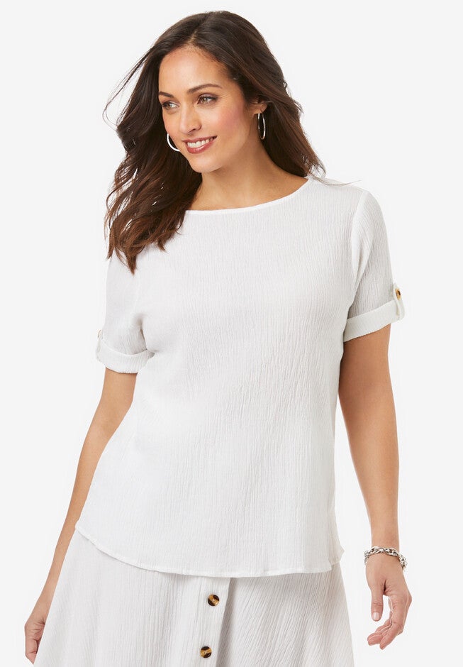 Gauze Crewneck Top, WHITE, hi-res image number null