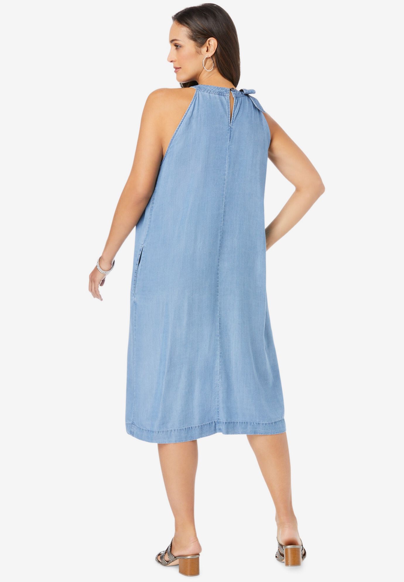 Denim&nbsp;Tie-Neck Dress, LIGHT WASH, on-hover image number 1