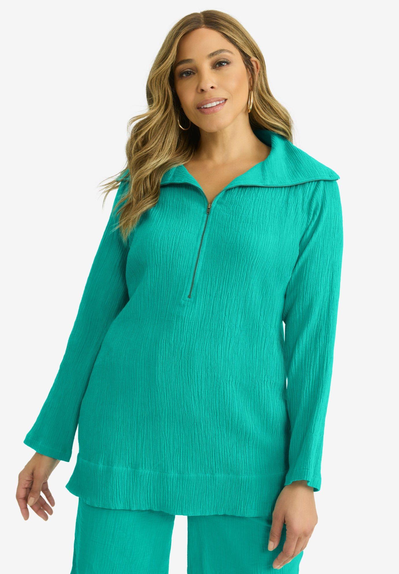 Gauze Half-Zip Tunic, AQUA SEA, hi-res image number 0