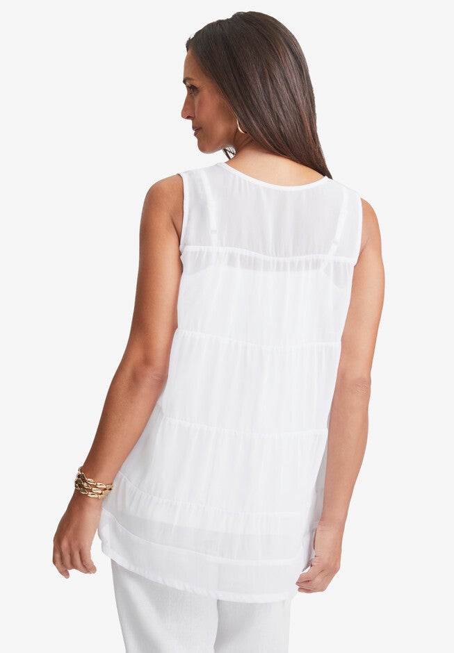 Sleeveless Linen Georgette Tiered Back Tunic, , alternate image number null