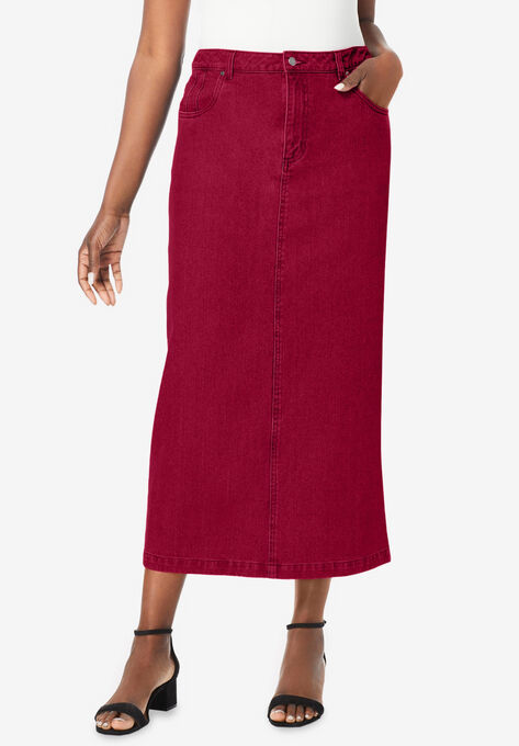 Classic Cotton Denim Midi Skirt, RICH BURGUNDY, hi-res image number null