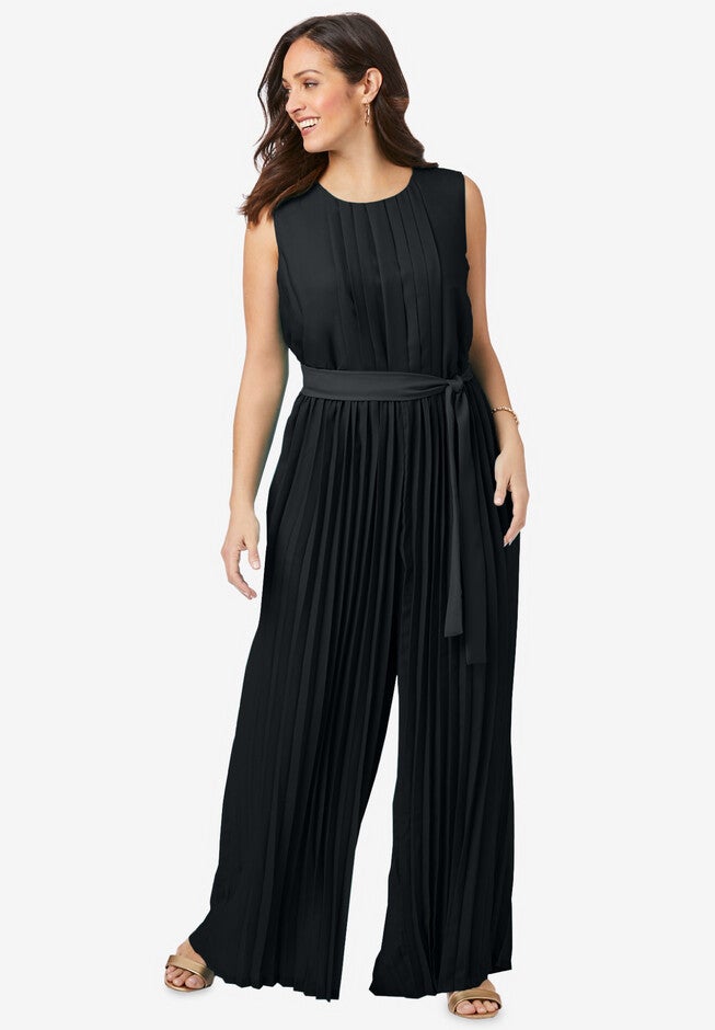 Pleated Wide Leg Jumpsuit, BLACK, hi-res image number null