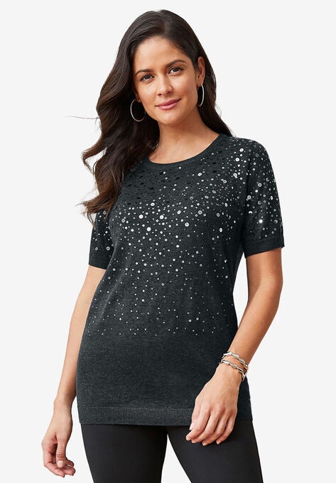 Fine Gauge Crewneck Shell, HEATHER CHARCOAL SEQUIN, hi-res image number null