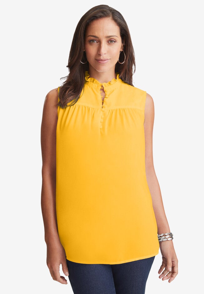 Sleeveless Button-Front Blouse, SUNSET YELLOW, hi-res image number null
