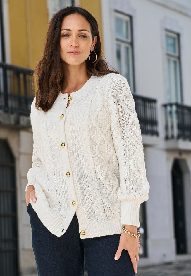 Button Front Cable Cardigan, , alternate image number null