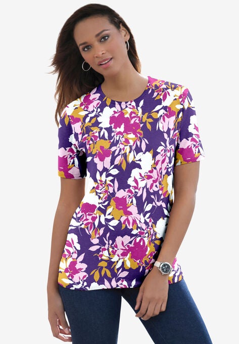Fine Gauge Crewneck Shell, MIDNIGHT VIOLET SHADOW FLORAL, hi-res image number null