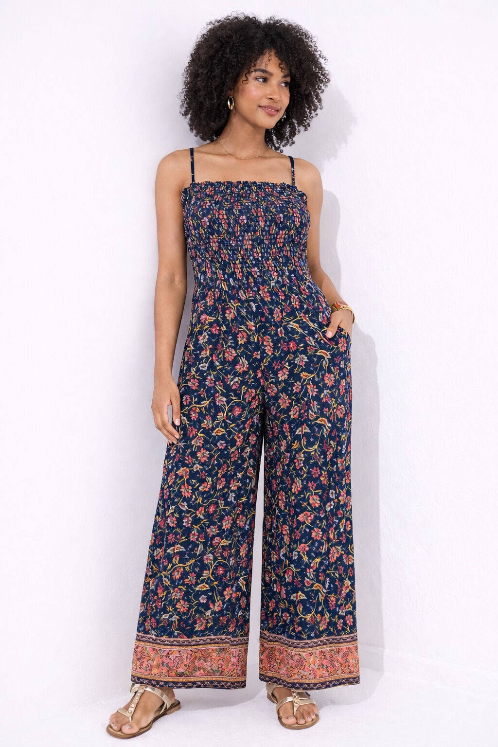 Smocked Jumpsuit, NAVY GARDEN FLORAL, hi-res image number 0