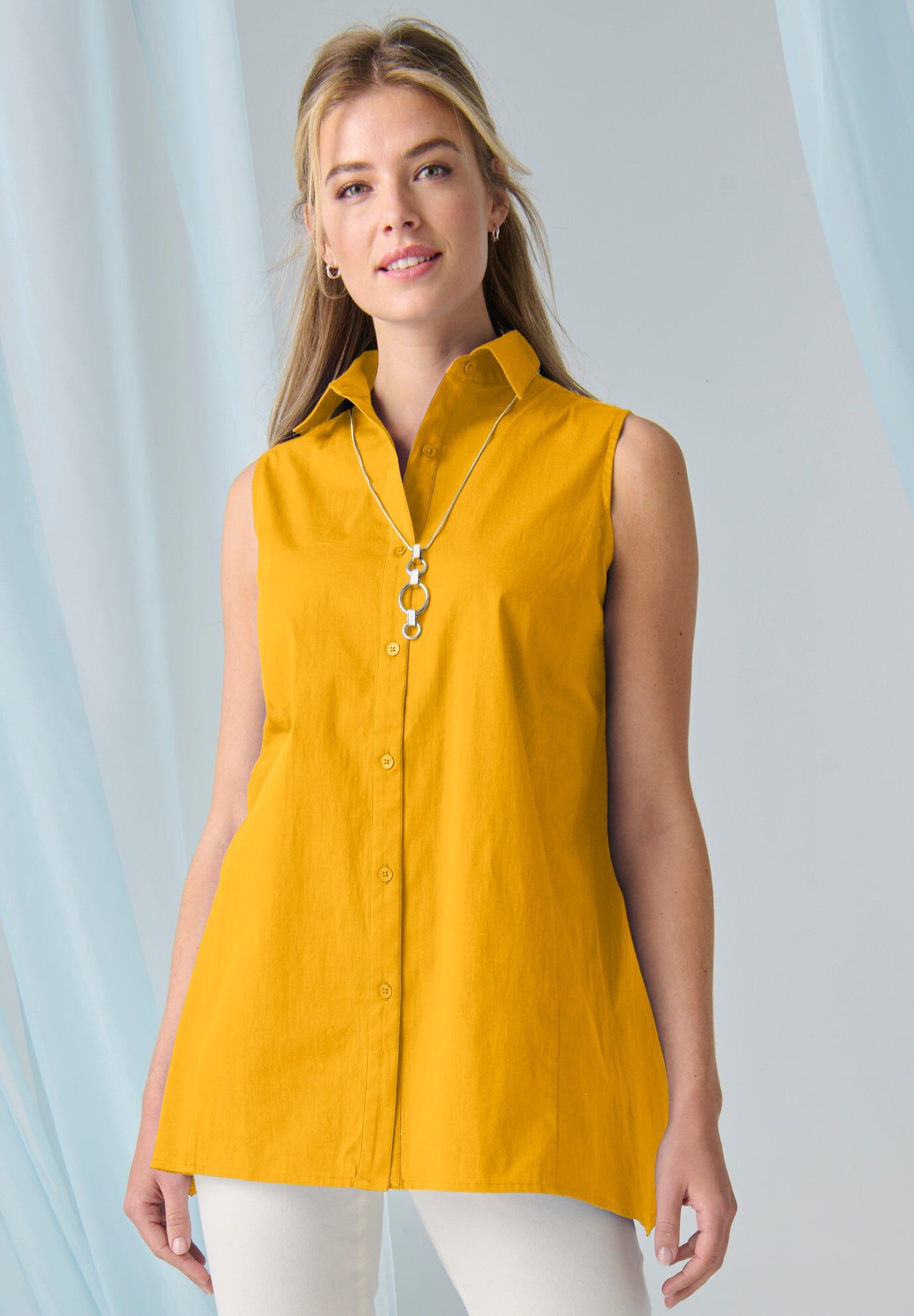 Stretch Cotton Poplin Sleeveless Shirt, SUNSET YELLOW, hi-res image number 0