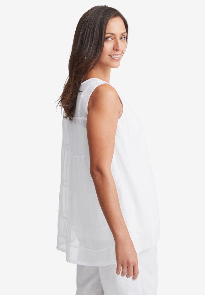 Sleeveless Linen Georgette Tiered Back Tunic, , alternate image number null