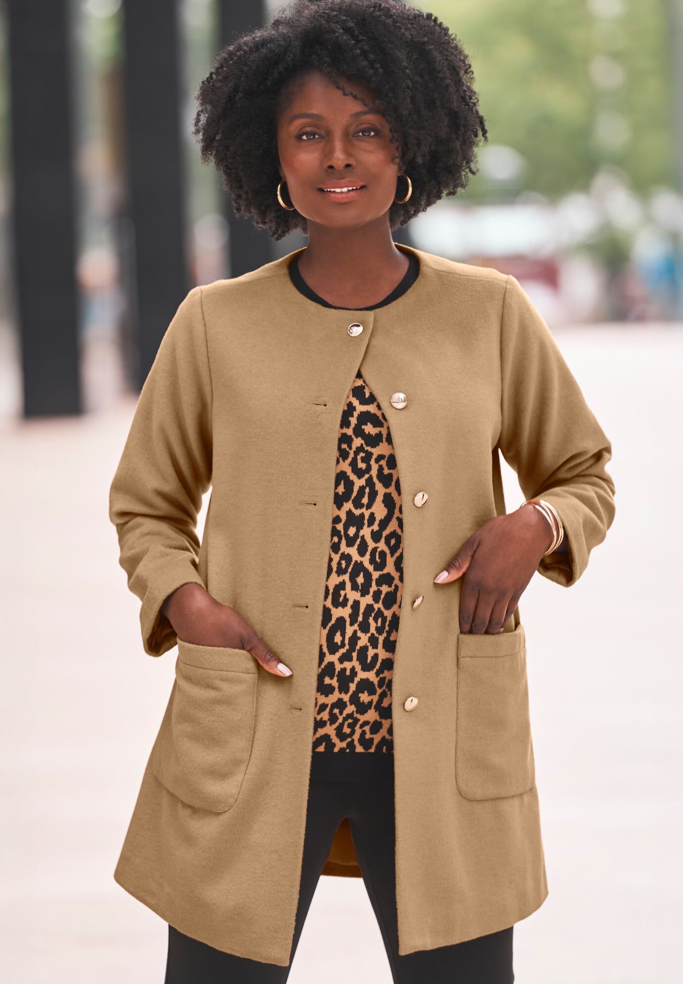Collarless Button Front Coat, SOFT CAMEL, hi-res image number 0