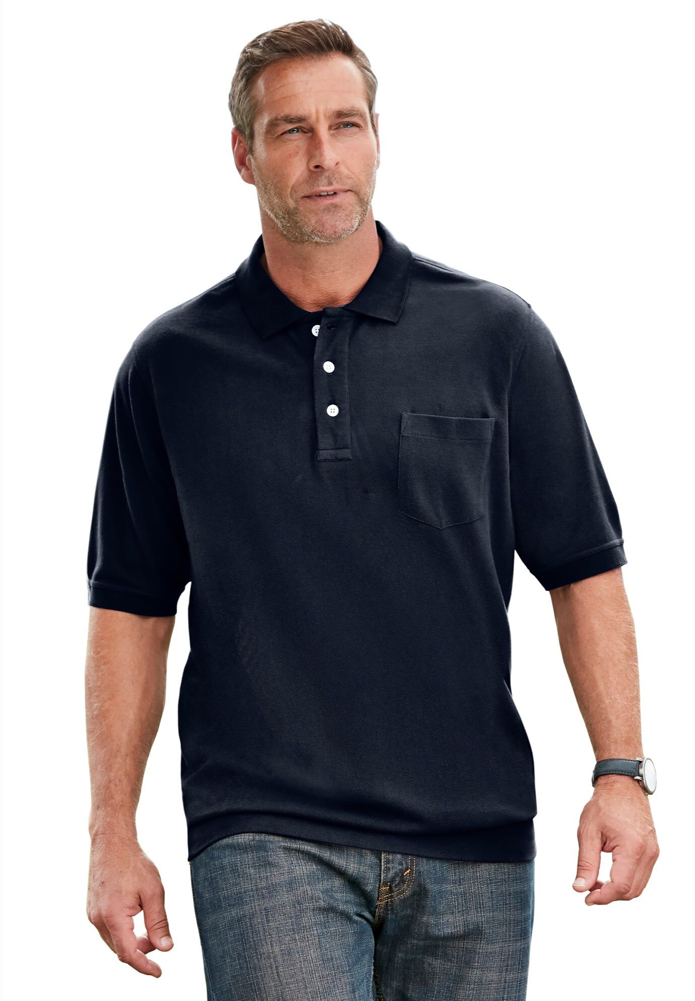 No Tuck Pocket Shrink-Less&trade; Cotton Polo Shirt, BLACK, hi-res image number 0