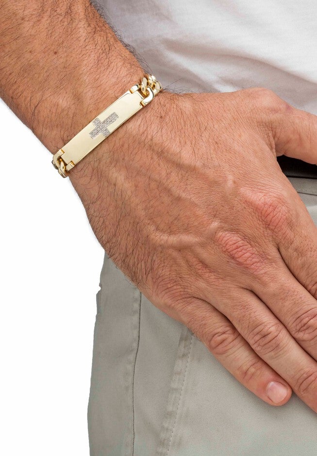 9 inches Gold-Plated Round Genuine Diamond Cross Curb-Link Bracelet, , alternate image number 2