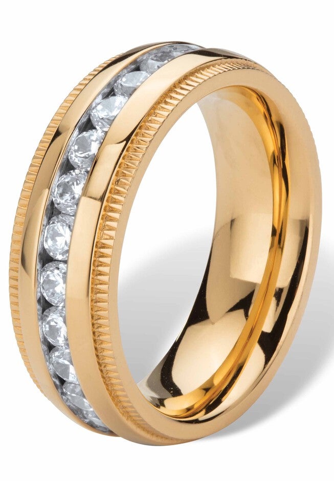 Gold Ion-Plated Stainless Steel Cubic Zirconia Wedding Band, , on-hover image number 1