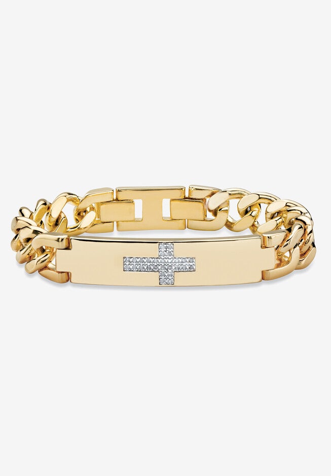 9 inches Gold-Plated Round Genuine Diamond Cross Curb-Link Bracelet, GOLD, hi-res image number 0