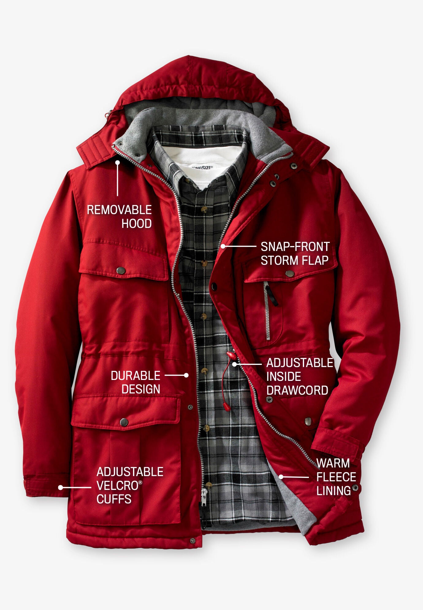 Fleece-Lined Parka with Detachable Hood and 6 Pockets, BLACK, on-hover image number 1