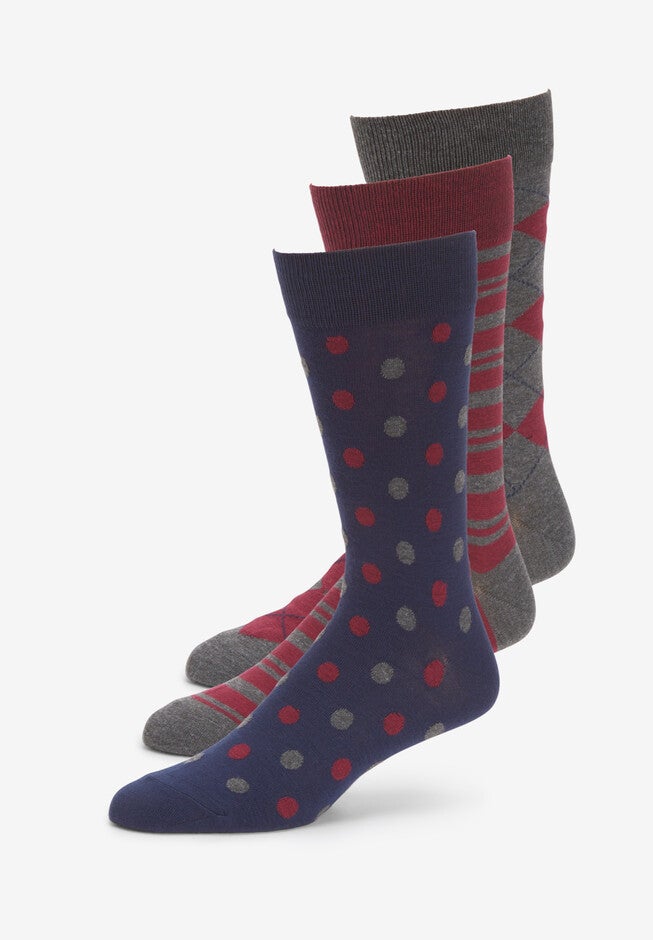 Dress Socks 3-Pack, RICH BURGUNDY NAVY PATTERN, hi-res image number 0