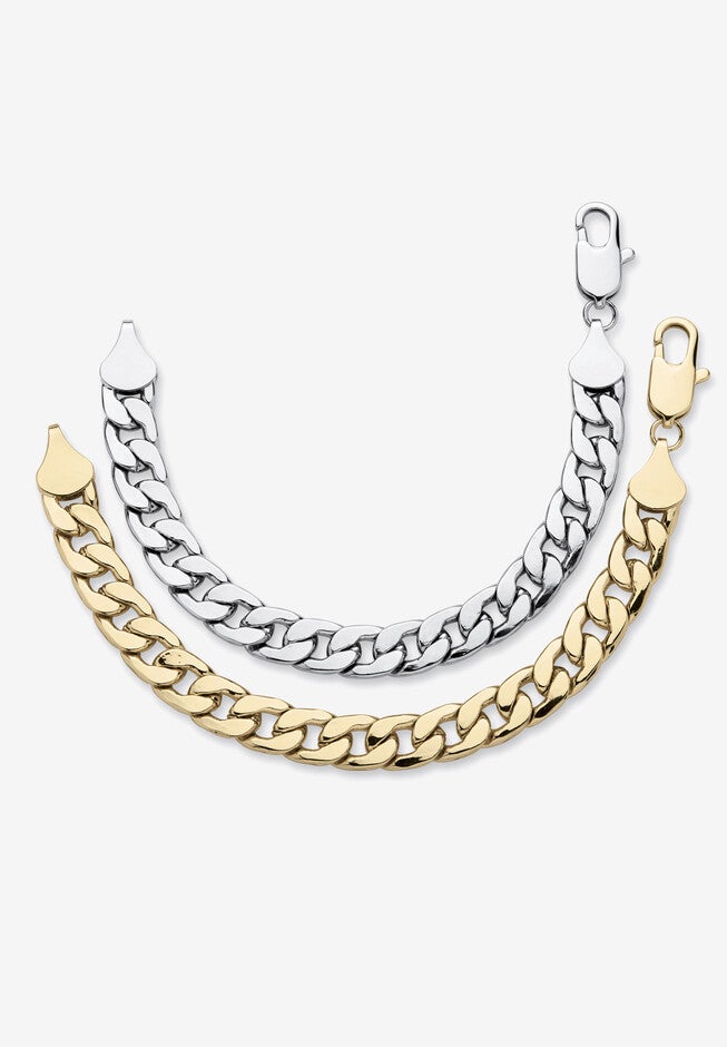 2 Piece Gold Tone and Silvertone 9 inches Curb-Link Bracelet, GOLD, hi-res image number null