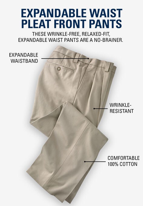 Relaxed Fit Wrinkle-Free Expandable Waist Pleated Pants, , alternate image number null