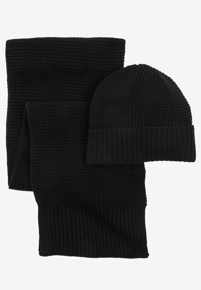 Waffle Knit Hat & Scarf Set, BLACK, hi-res image number 0