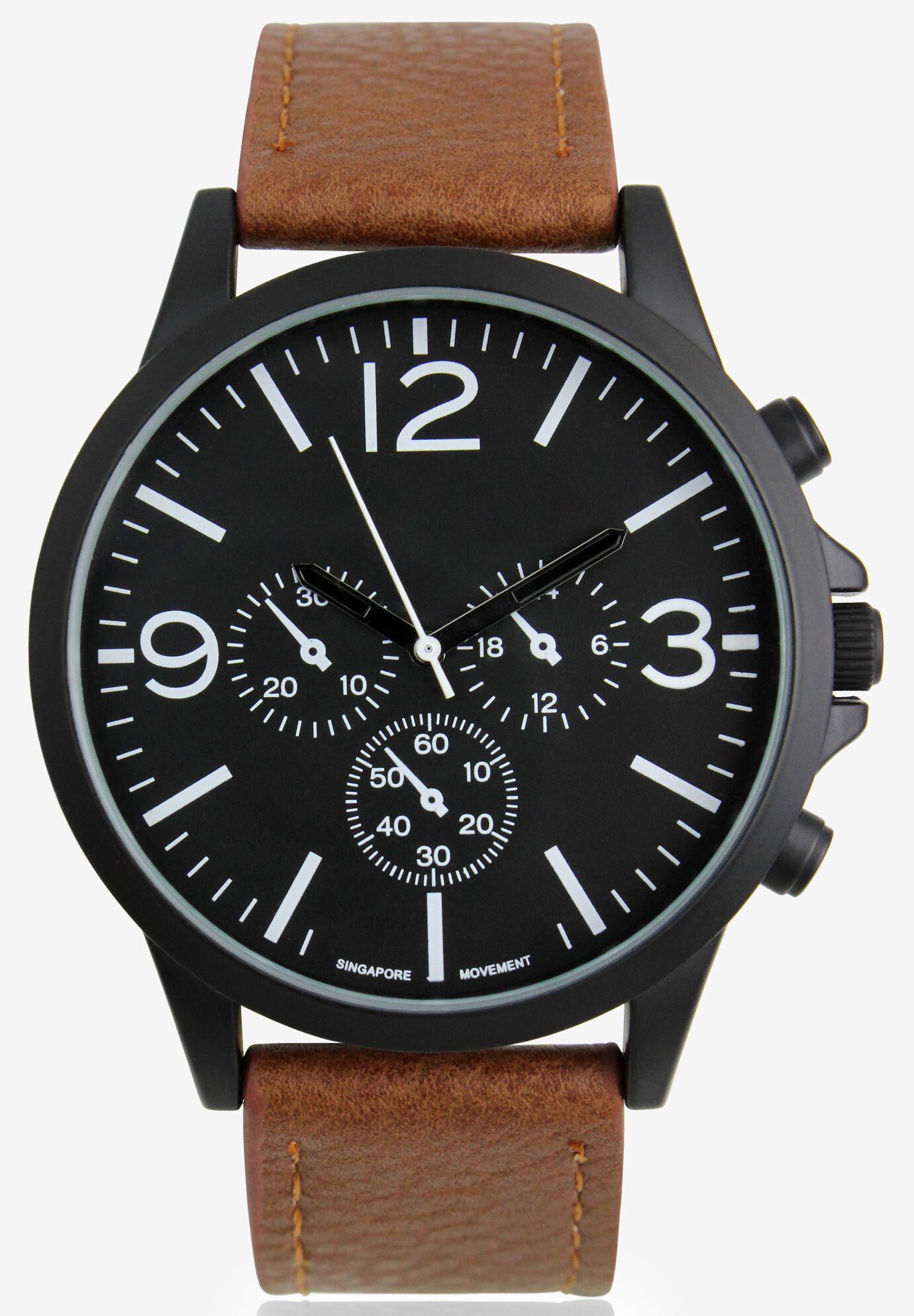 Multi-Dial Watch with Faux Leather Band, BROWN BLACK, hi-res image number 0