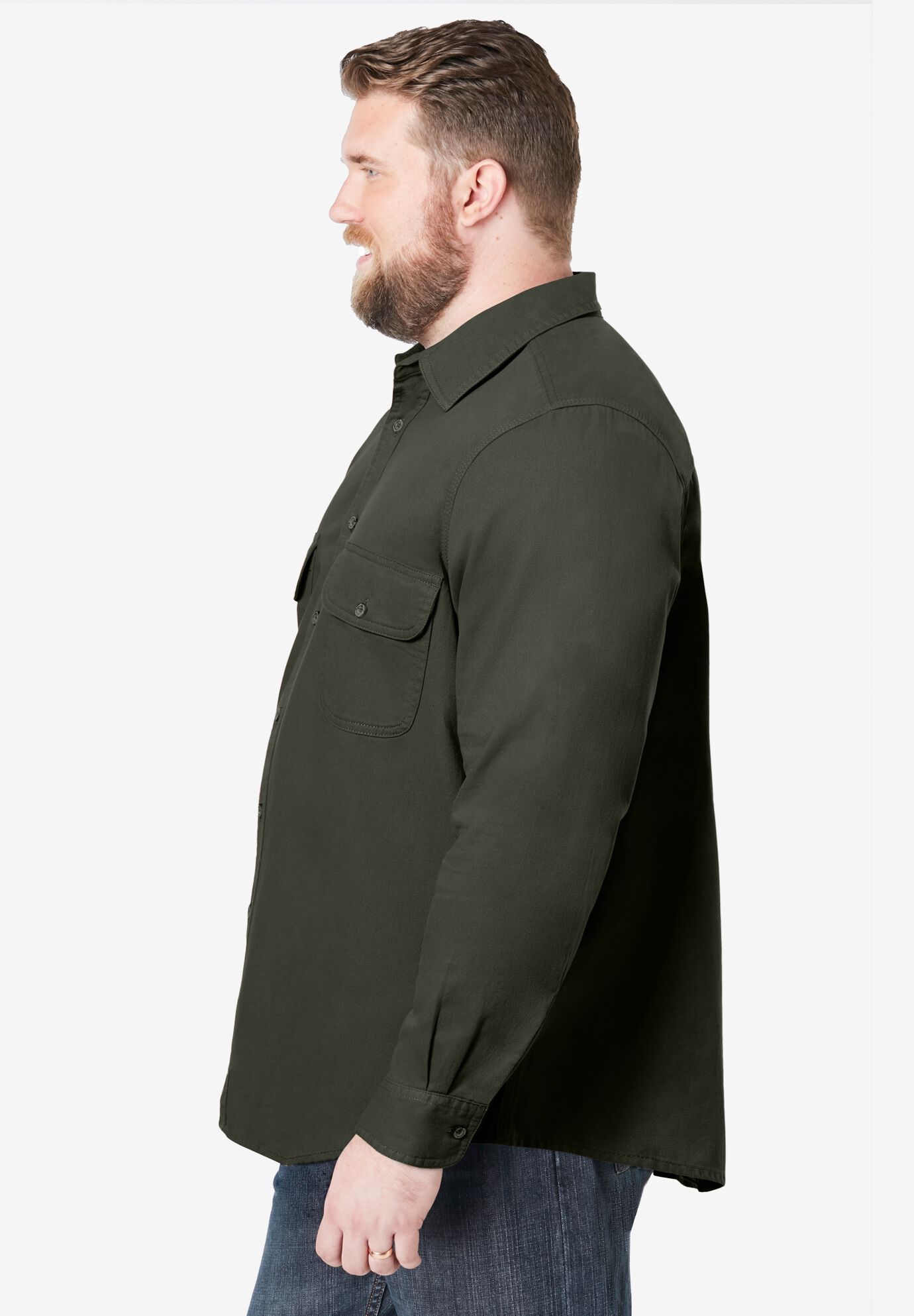 Long Sleeve Denim and Twill Shirt, FOREST GREEN, alternate image number 3
