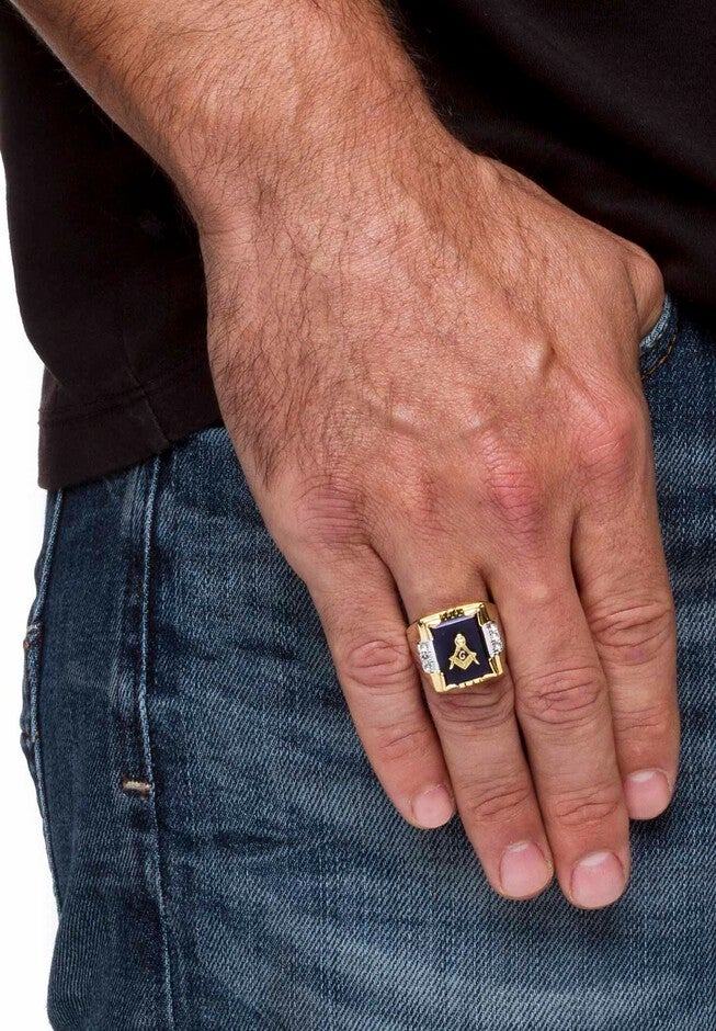 14K Gold-plated Onyx and Crystal Two Tone Masonic Ring, , alternate image number 2