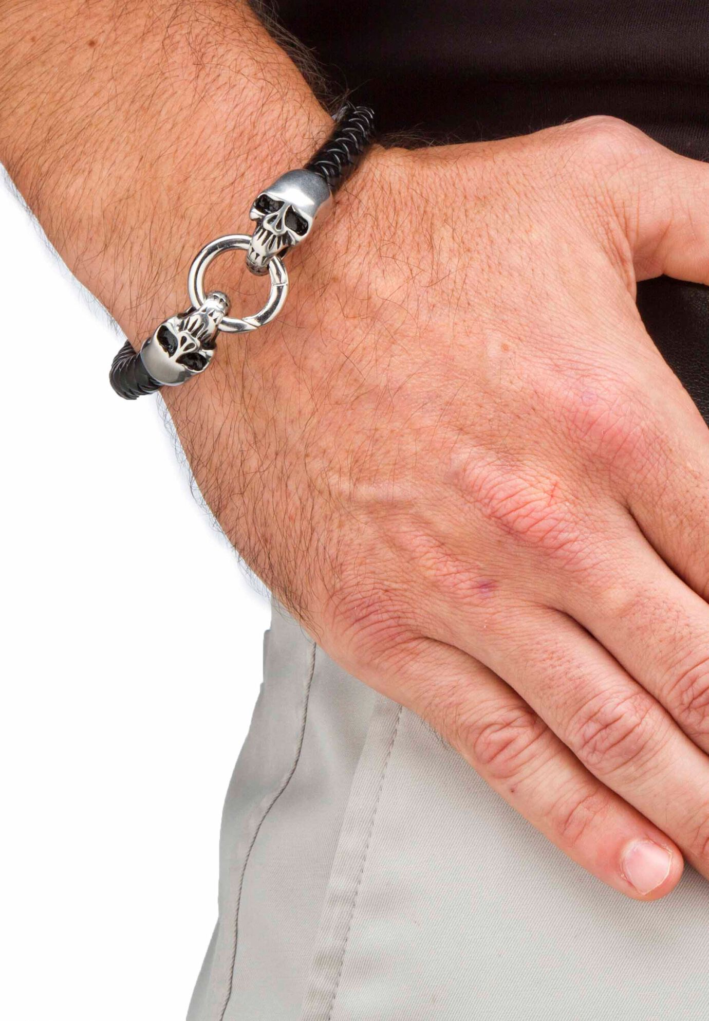 Stainless Steel Double Skull Bangle Bracelet 9 inches, , alternate image number 2