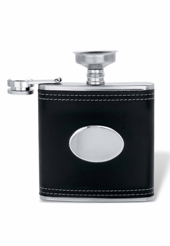 Stainless Steel and Black Leather Flask, , on-hover image number null