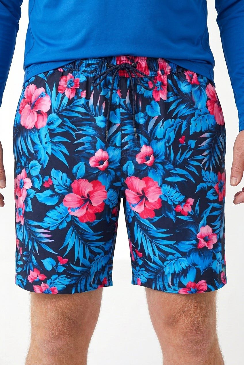 8 inches Swim Trunks with Super Stretch Liner, BLUE EXOTIC FLORAL, hi-res image number 0
