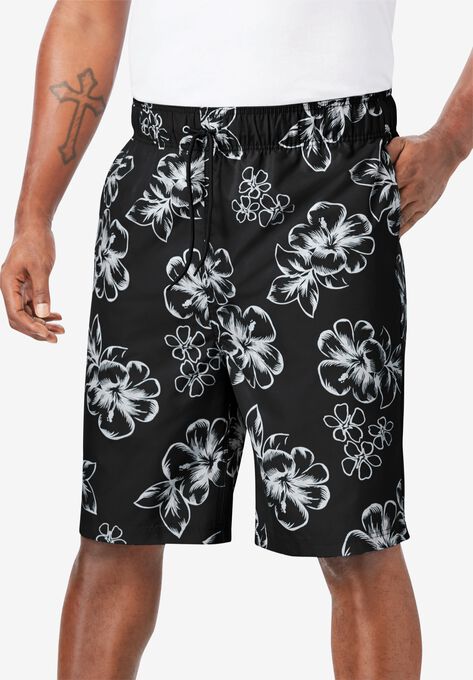Hibiscus Print Swim Trunks, BLACK, hi-res image number null