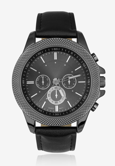 Gunmetal Watch with Black Faux Leather Band, BLACK, hi-res image number null