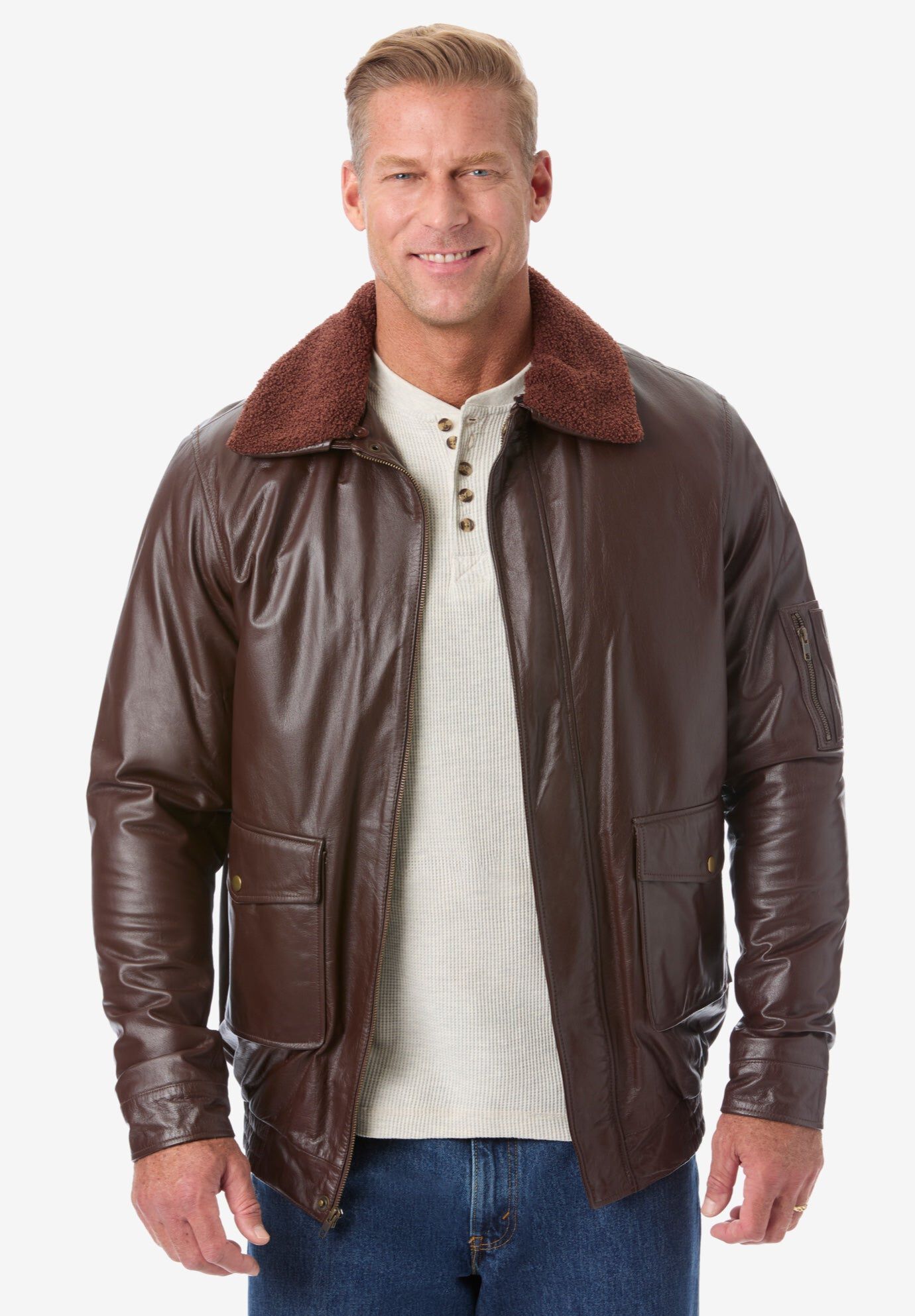Leather Flight Bomber Jacket, BROWN, hi-res image number 0