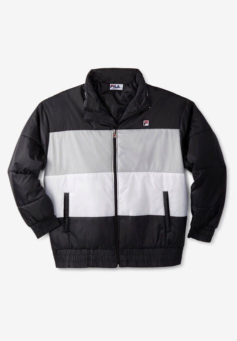 FILA® TRI-COLORBLOCK PUFFER JACKET, BLACK SILVER WHITE, hi-res image number null