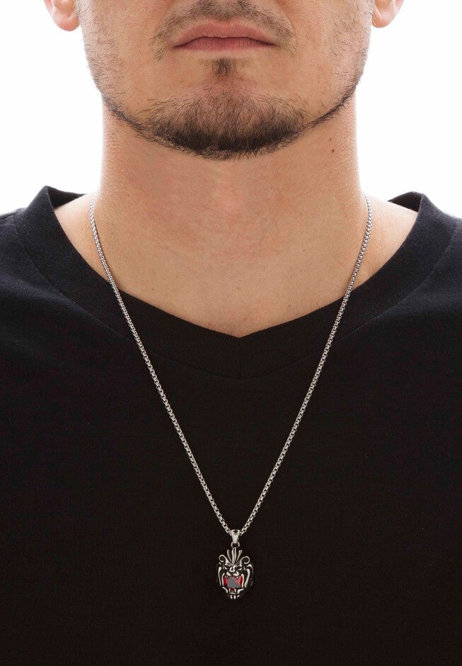 Square-Cut Red Cubic Zirconia Tribal Lion Pendant Necklace In Antiqued Stainless Steel 24 inches Chain, , alternate image number 2