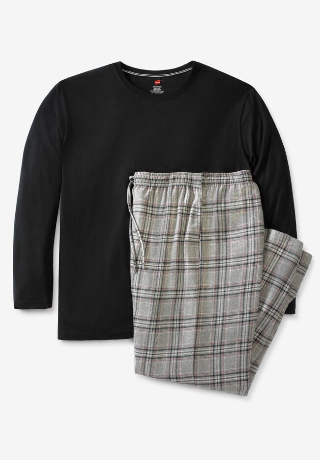 HANES® 2-PIECE COTTON FLANNEL PAJAMA SET, BLACK GREY PLAID, hi-res image number null