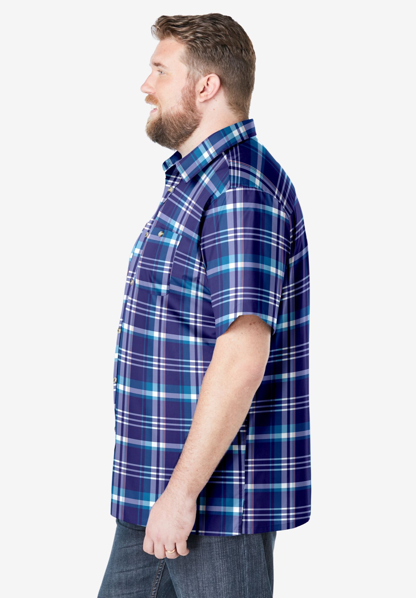 Plaid Wrinkle-Resistant Short Sleeve Button Down, CLASSIC TEAL PLAID, alternate image number 2