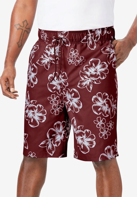 Hibiscus Print Swim Trunks, RICH BURGUNDY, hi-res image number null
