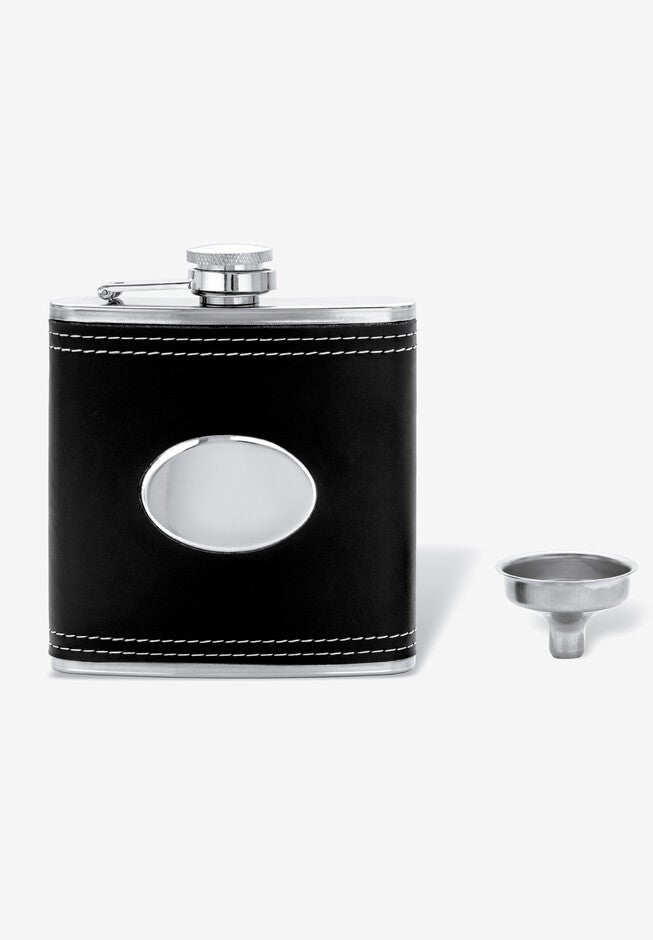 Stainless Steel and Black Leather Flask, STAINLESS STEEL, hi-res image number null