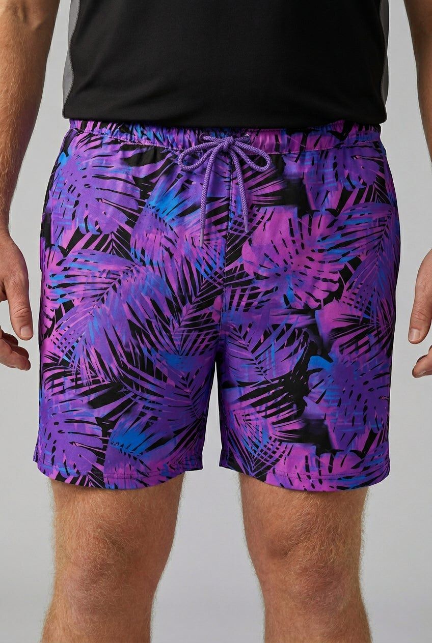 5 inches Swim Shorts with Super Stretch Liner, BRIGHT PURPLE LEAF, hi-res image number 0