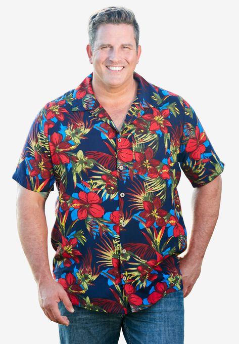 KS Island Printed Rayon Short-Sleeve Shirt, RED FLORAL, hi-res image number null