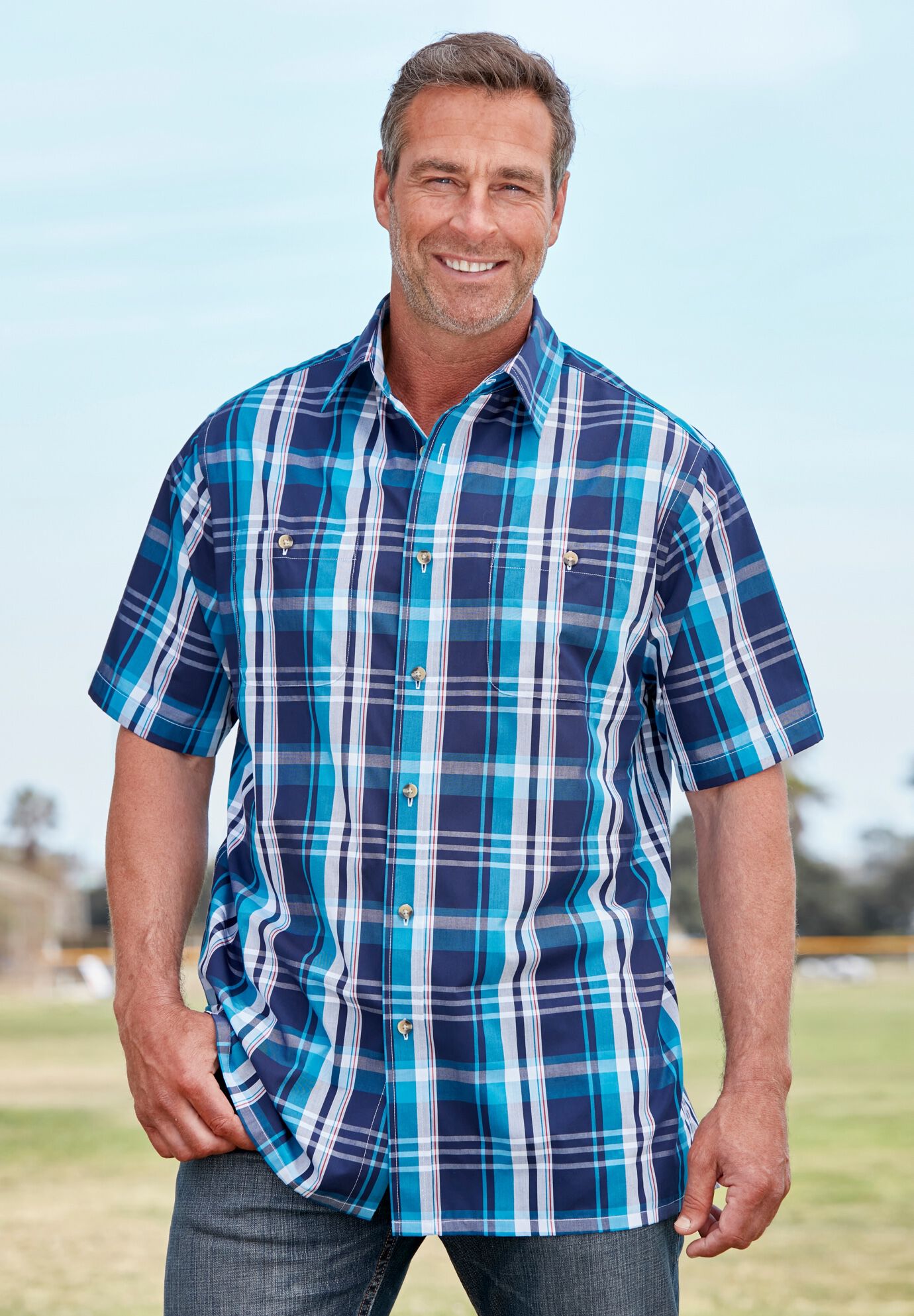 Plaid Wrinkle-Resistant Short Sleeve Button Down, CLASSIC TEAL PLAID, on-hover image number 1